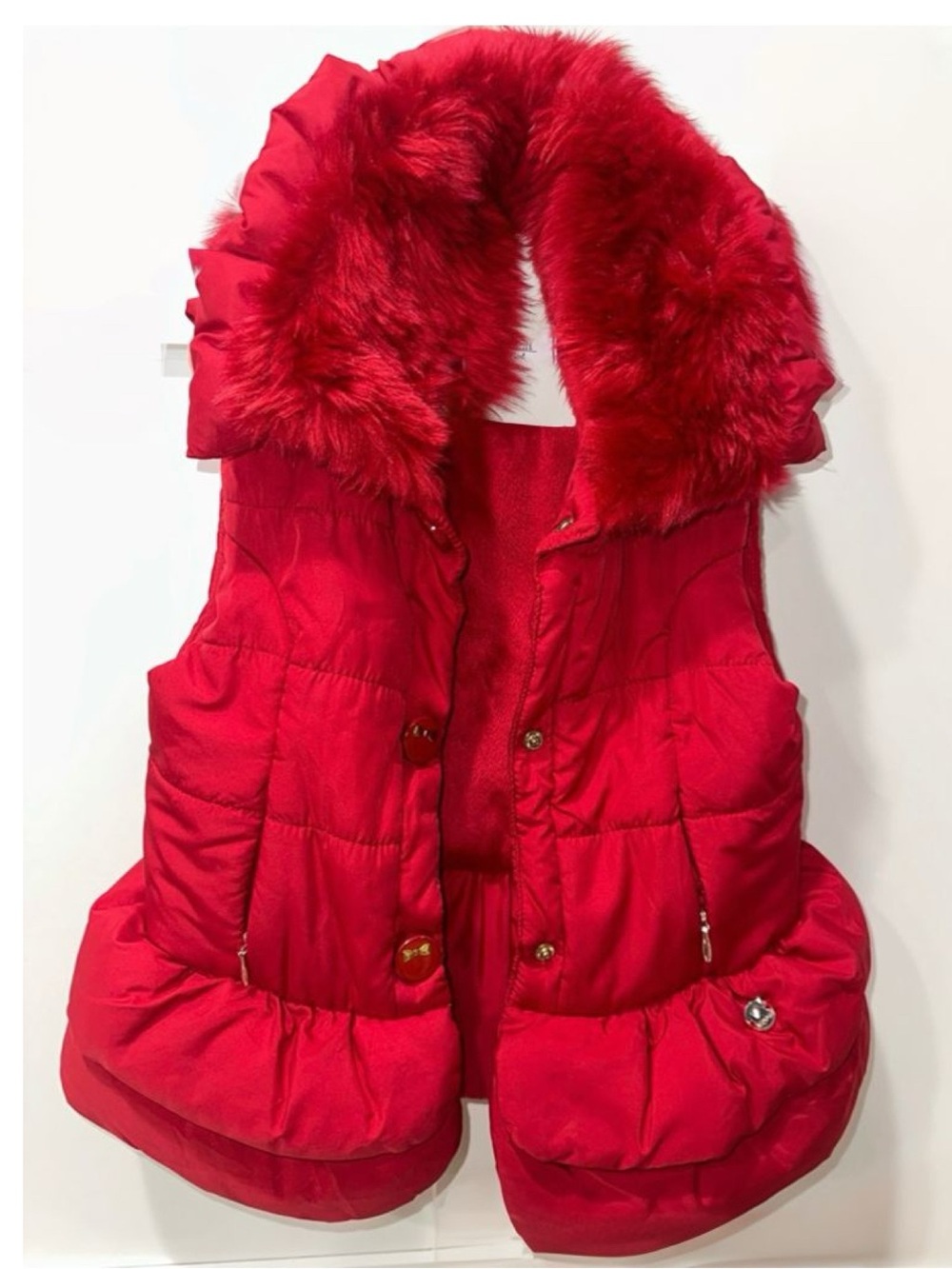 Girls 7 stylish Red Puffer Vest with Faux Fur lining very soft , chic buttons